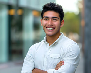 Wall Mural - Positive handsome young asian business man posing outside office with hands folded, looking at camera with toothy smile. Happy male entrepreneur, professional, worker guy head shot portrait