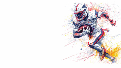  Running American football player isolated on white background, holding a football in his right hand. Pencil and splatter colour illustration, copy space, horizontal banner 16:9