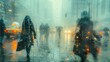 A group of people stroll down a city street in the rain, passing by towering buildings in downtown. The atmospheric phenomenon adds a touch of darkness to the event