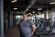 © Road Red Runner - A happy middle-aged man stands proudly in front of a row of treadmills at the gym, confidently looking at the camera.