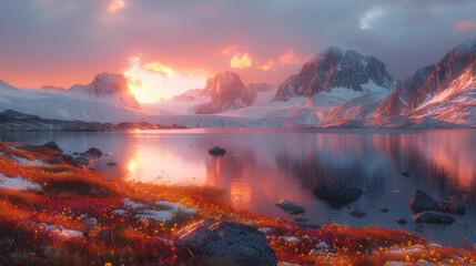 Wall Mural - Sunset above remote arctic valley of Akshayuk Pass, Baffin Island, Canada. Last rays of light on the peaks around Highway glacier.