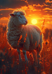 Wall Mural - Sheep grazing in field at sunset