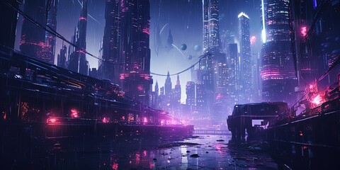 Wall Mural - Cyberpunk aesthetic of a city street flooded with neon lights and reflections
