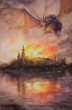 Fantasy scene with dragon flying over burning castle. Picture created with watercolors.