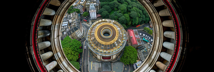 Poster - City squares and areas from a height, where fountains and sculptures form patterns and compositio