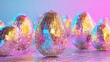 Shimmering mirror disco eggs on a reflective surface with colorful lighting
