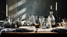 Monochrome Majesty: An Artistic Rendering Of A Fine Dining Table Setup In Black And White