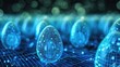 A digital field of glowing blue wireframe eggs on a grid
