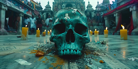 Dragon Skull, lying on the altar with mystical signs and symbols surrounded by cand