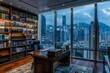 © Milos - Elegant office interior boasting a majestic night view of city lights and extensive book collections