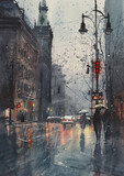Fototapeta Do pokoju - watercolor illustration of city street in rainy day.