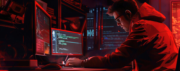 hacker working at his computer. data security concept. cyber attack
