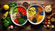 Various vegetables and cereals on the table kitchen