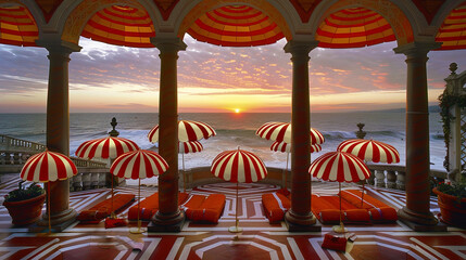 Wall Mural - Multi colored beach umbrellas and towels installed on the sand, where vacationers enjoy the warm