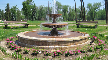 Wall Mural - Retroplane with a fountain and benches, where fairs and antiques exhibitions are held, and musi