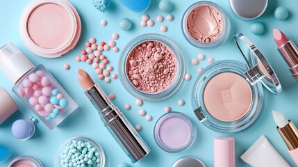 Wall Mural - a variety of cosmetics and makeup products on a blue background