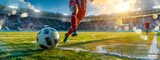 Fototapeta Sport - football or soccer player running fast and kicking a ball while training and playing a match at dramatic stadium shot. dynamic active pose of skill development success in sports wide banner