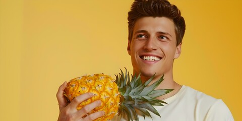 Wall Mural - Young man in casual clothes smiling and holding a pineapple against a yellow background. fresh and healthy lifestyle concept portrait. AI