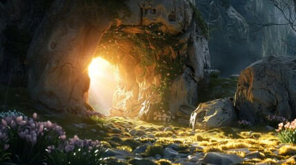 Canvas Print - Digital painting of the resurrection morning, with the stone rolled away from the tomb and light emanating from within, symbolizing hope and new life.