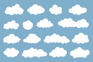 Clouds icons set on a blue background. Cartoon clouds vector set. Weather forecast symbols set