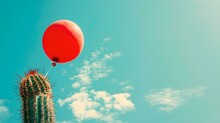 A Red Balloon Caught On A Green Cactus Against A Blue Sky. Surreal And Vibrant Colors. Creative Concept. Stock Image. AI