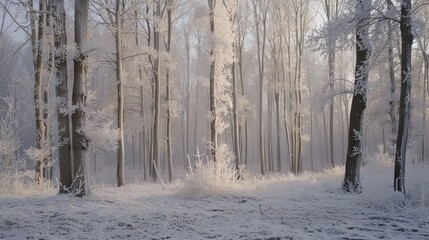 Wall Mural - Frost-covered trees in winter forest, silent and majestic.