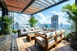 © Milos - Experience a tropical paradise on this rooftop terrace, complete with wooden pergola and lush greenery against a city backdrop