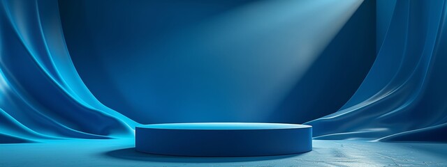 Wall Mural - Podium background blue platform product 3d studio stage pedestal light. Stand background product podium platform blue scene abstract floor room display minimal space wall backdrop modern shape empty.