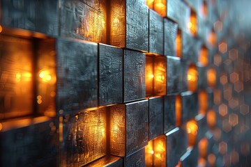 Wall Mural - Abstract geometric metallic gold texture wall with squares and square cubes background banner illustration with glowing lights, textured metal wallpaper