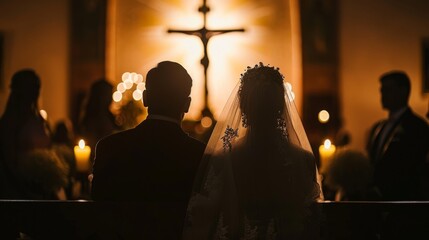 Wall Mural - Jesus Christ silhouette at a wedding ceremony blessing the couple.