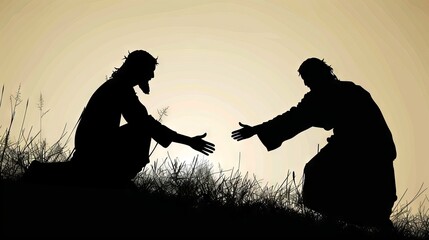 Wall Mural - Jesus Christ silhouette extending mercy to a repentant thief.