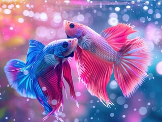 Pink and blue colored male siamese fighting fishes under the water. Ornamental fish.