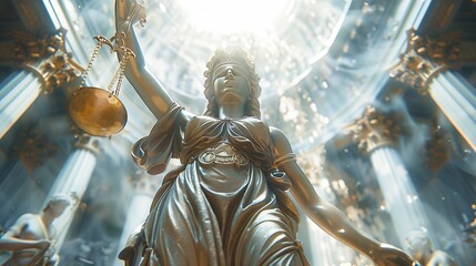 Wall Mural - Bronze (golden) statue of the goddess Themis standing in the courtroom. The goddess of justice holds the scales. View from below.
