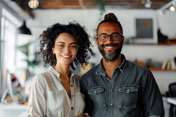 An image depicting two professionals, a man and a woman, sharing a joyful moment, possibly colleagues