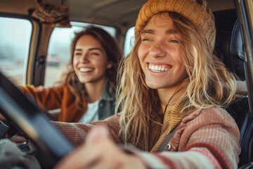 Cheerful young women driving and chatting in a vintage vehicle with autumnal attire