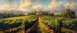 A painting of a vineyard with rows of green vines under a cloudy sky.