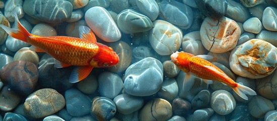 A couple of goldfish gracefully swim in a pond among shimmering stones.