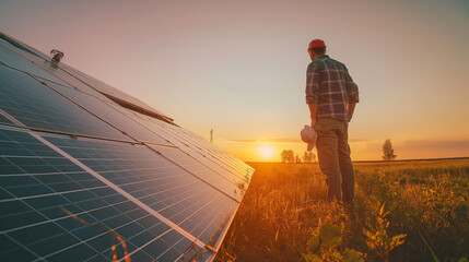 Solar reflection: Man in contemplation beside vast solar panel array at sunset, embodying renewable energy's promise. Eco-friendly, sustainable future, and solar innovation.