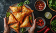 Overhead view  , hands serving traditional fried samosas on a plate, ramadan sharing  concept 
