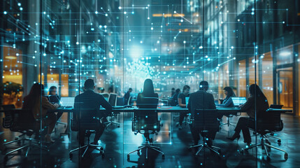Successful team of office workers in Group, people working and communicating together in creative advanced technology office