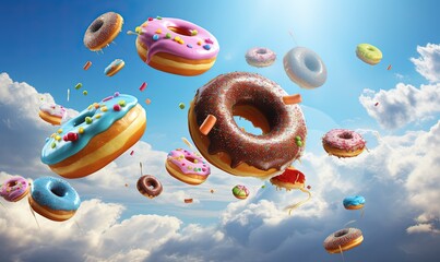 Flying donuts. Mix of multicolored doughnuts