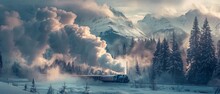 Vintage train steaming through a winter landscape with snow-clad mountains and dramatic clouds.