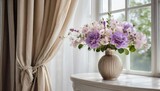 Fototapeta Tulipany - Tender purple bouquet in glass vase on the table in living room near window