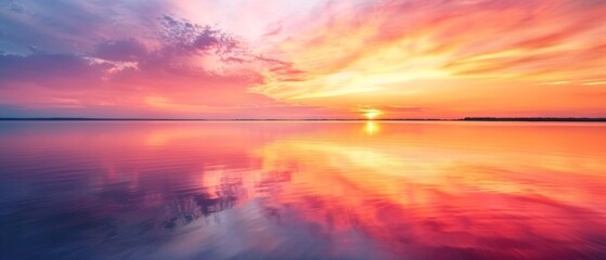 Wall Mural - Sunset glow reflecting on tranquil lake waters