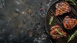 Fototapeta Panele - grilling steaks on flaming grill and shot with selective focus. Dark background
