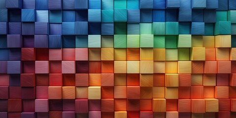 Wall Mural - Spectrum of stacked multi-colored wooden blocks. Background or cover for something creative, diverse, expanding, rising or growing