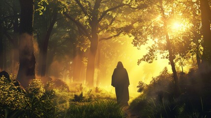 Wall Mural - Jesus Christ silhouette leading a silent retreat in a tranquil forest.