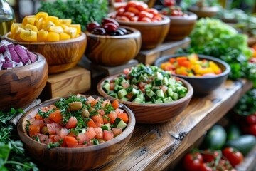 Wall Mural - Vibrant bowls of various fresh salads displayed on a wooden table, emphasizing a healthy lifestyle