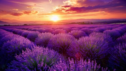 Wall Mural - Lavender field at sunset, calming and aromatic.