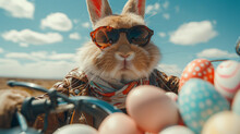 
High-end Commercial Photography Of A Stylish Easter Bunny, Dressed In A Leather Jacket, Driving A Motorcycle With A Sidecar